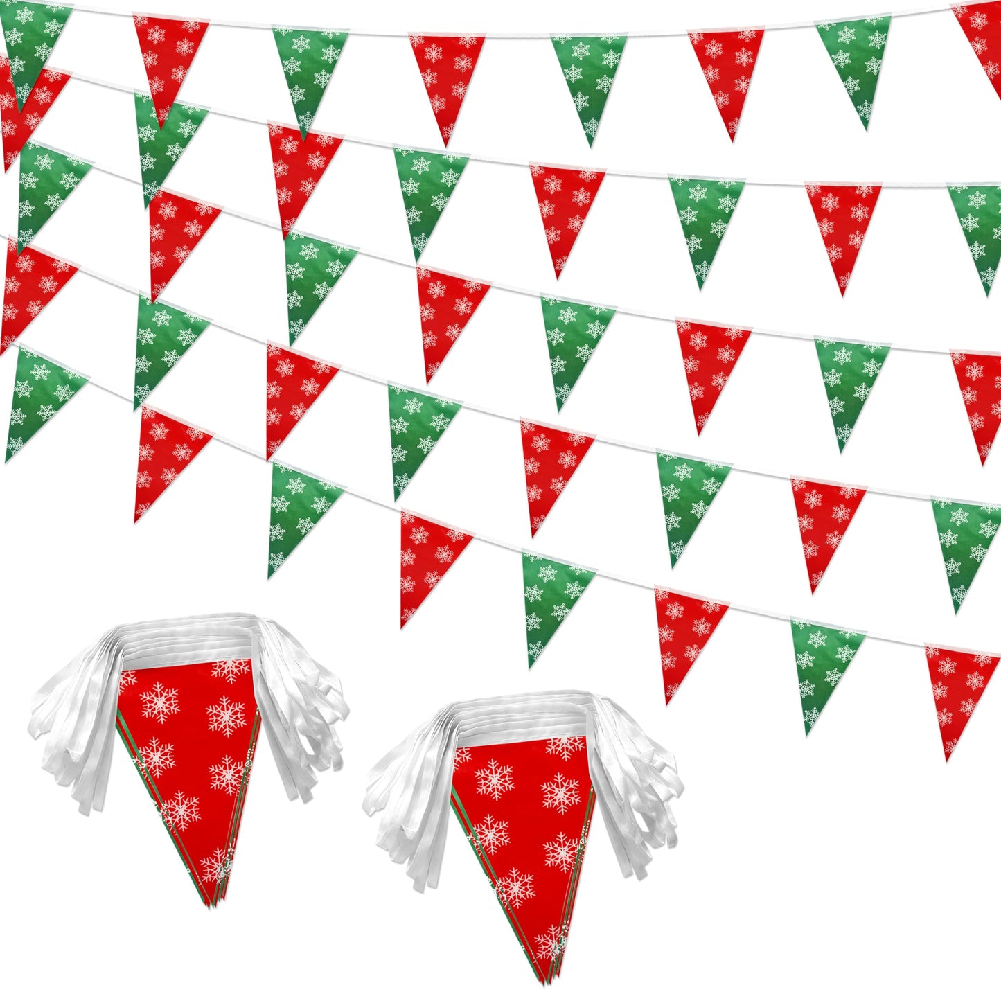 LoveVC 100 Feet Red Green Christmas Pennant Banner Flags String Triangle Bunting Garland with White Snowflakes for Christmas Tree Indoor Outdoor Shops Hanging Decoration,60 Pcs