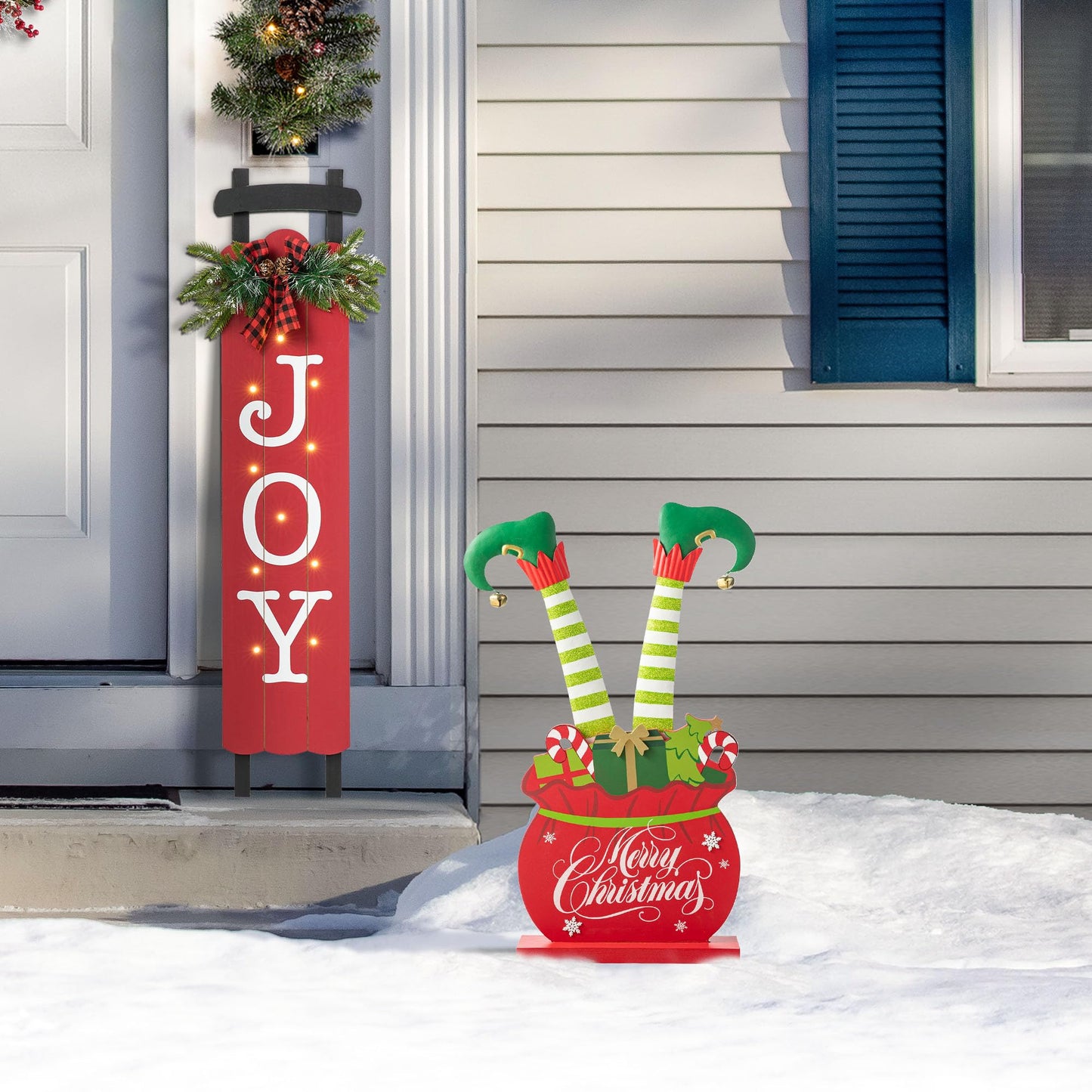 Glitzhome "Merry Christmas" Elf Legs Porch Sign, 24.5" Wood & Metal Gift Bag Display for Holiday, Festive Indoor Outdoor Welcome Greeting Decoration