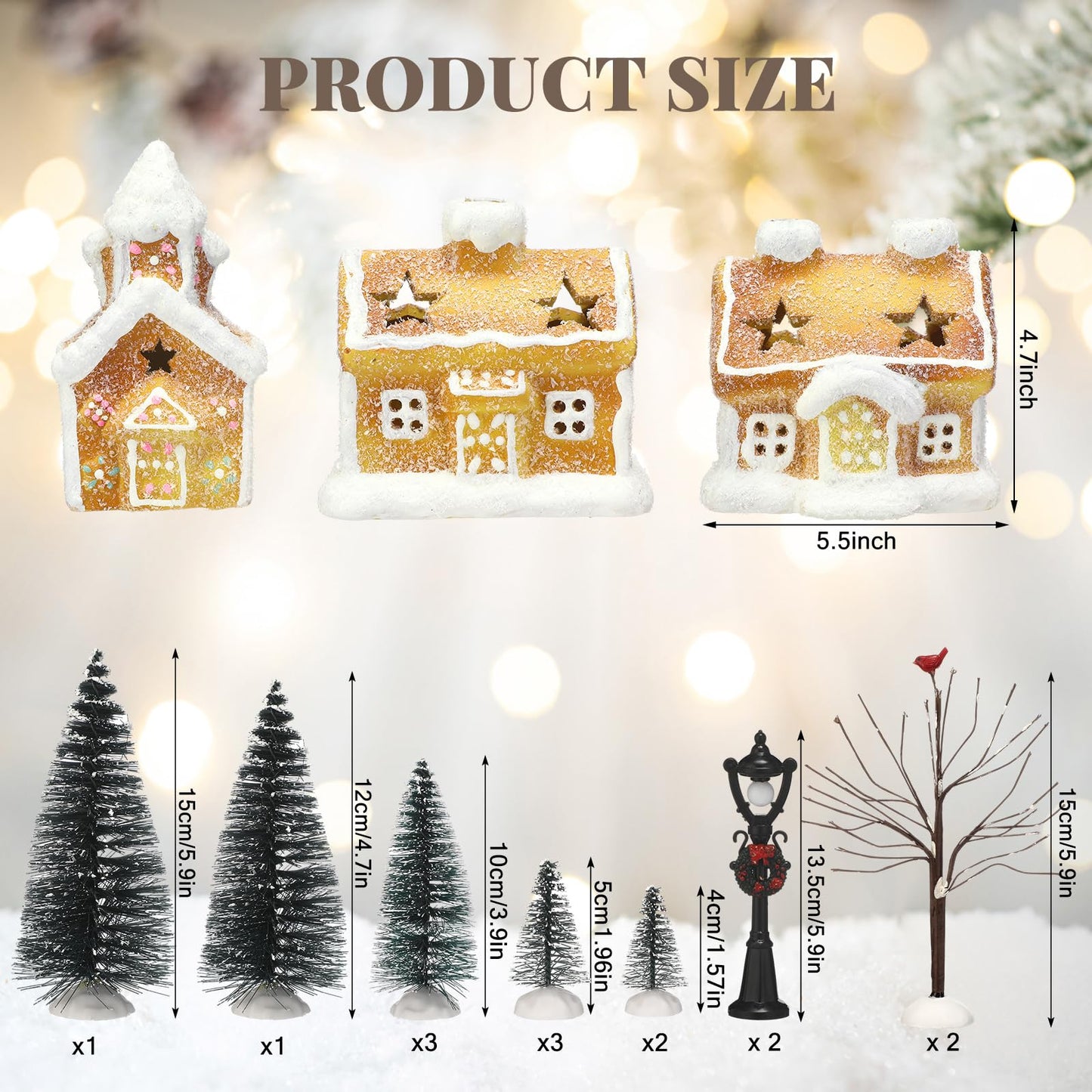 GlikCeil 17pcs LED Christmas Gingerbread Village Sets 3 Ceramic Gingerbread Houses Decor 2 Birch Trees 10 Pine Trees 2 Streetlight Christmas Figurines for Mantel Tabletop Shelf Decor