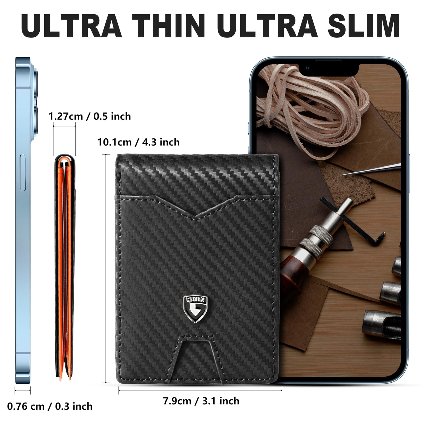 GSOIAX Slim Wallet for Men Rfid Blocking Leather Bifold Front Pocket Carbon Fiber Credit Card Holder Novelty Wallets With Gift Box (Carbon Black and Orange)