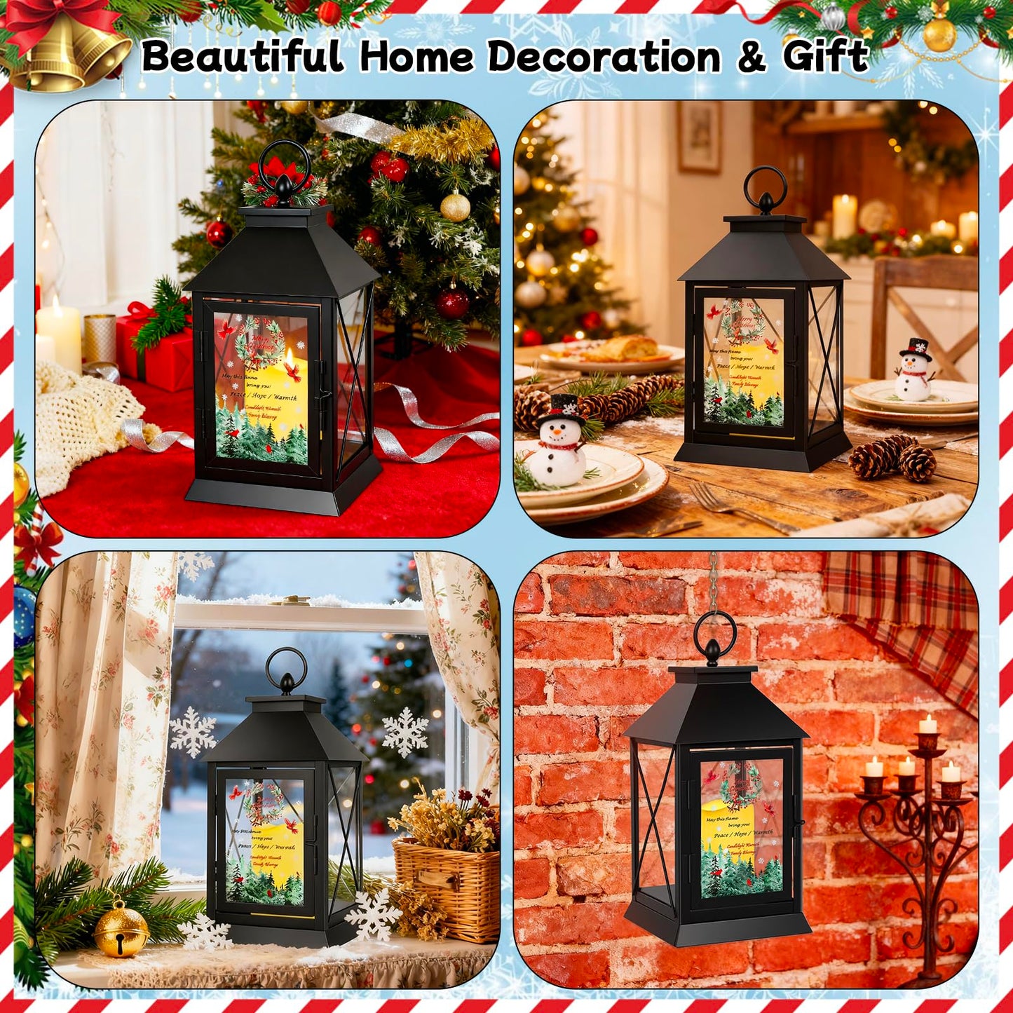 Christmas Candle Lantern Metal with LED Flickering Flameless Candles Light Xmas Decoration Lantern Indoor Outdoor Decorative for Table Home Decor Party Gift (Christmas)