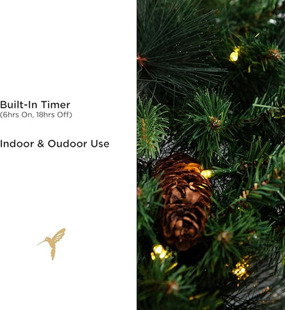 Papyrus 24" Pre-Lit Carolina Pine Artificial Wreath, Pine Cones, Warm White Light, Battery Powered, Indoor/Outdoor
