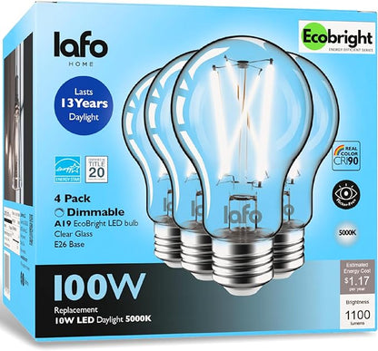 EcoBright 4PK Dimmable A19 LED Filament Bulb, 10W (100W Equivalent), E26 Base, 1100 Lumens, CRI90+, Flicker-Free Clear Glass, Energy Star Title 20, Daylight 5000K