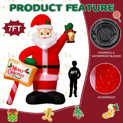 7FT Christmas Inflatables Santa Claus Outdoor Decorations, Blow up Santa Inflatables Holding Lantern & Merry Xmas Sign with Built-in LED Lights, Outdoor Holiday Yard Decor for Garden Lawn Porch