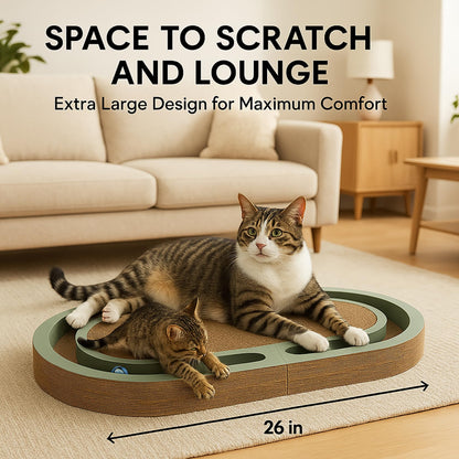 LEQOS Extra Long 26" Folding Cat Scratch Pad with Chasing Bells Double Sided Interactive Cardboard Cat Scratcher Cat Scratching Board for Cats Cardboard Scratching Pads for Indoor Cat Toy