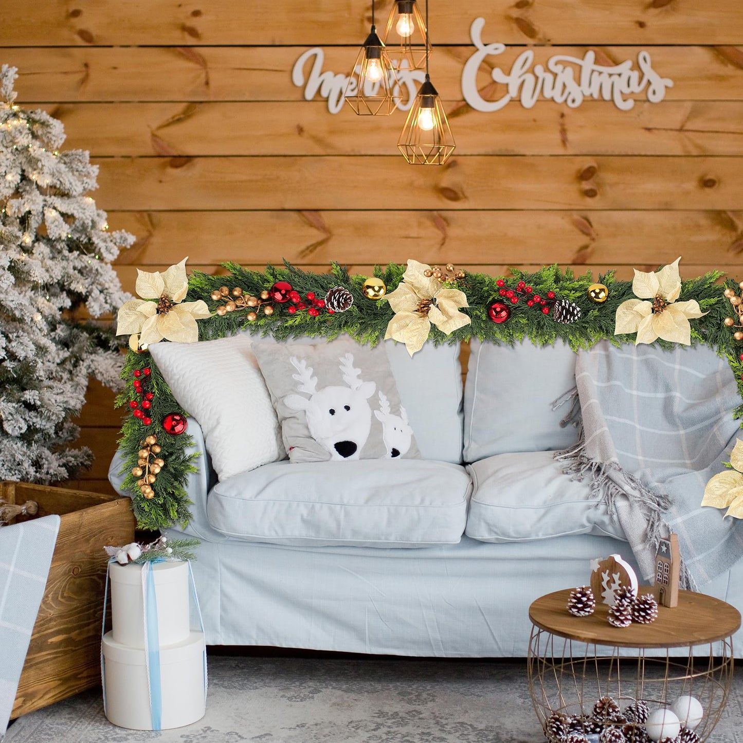 Real Touch Cedar Garland for Home, Thicken Cypress Green Artificial Greenery Garlands, 6FT Realistic Pine Garland with Flowers Berries Pinecones Balls, Cedar Garlands for Christmas in July Decorations