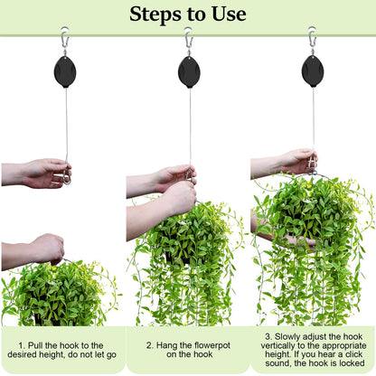 ZUZUAN 2025Upgraded 3Pcs Heavy Duty Retractable Plant Hanger,Plant Pulleys for Hanging Plants,Easy to Raise & Lower,Auto Lock,Adjustable Hook for Garden Baskets Pots,Birds Feeder and Grow Lights,Black