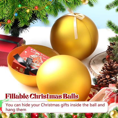 Zubebe 2 Pcs 8" Giant Fillable Christmas Ornaments with Ribbons Oversized Plastic Xmas Balls for Outdoor Lawn Yard Decor, Tree Hanging, Holiday Gifts(Matte Gold)