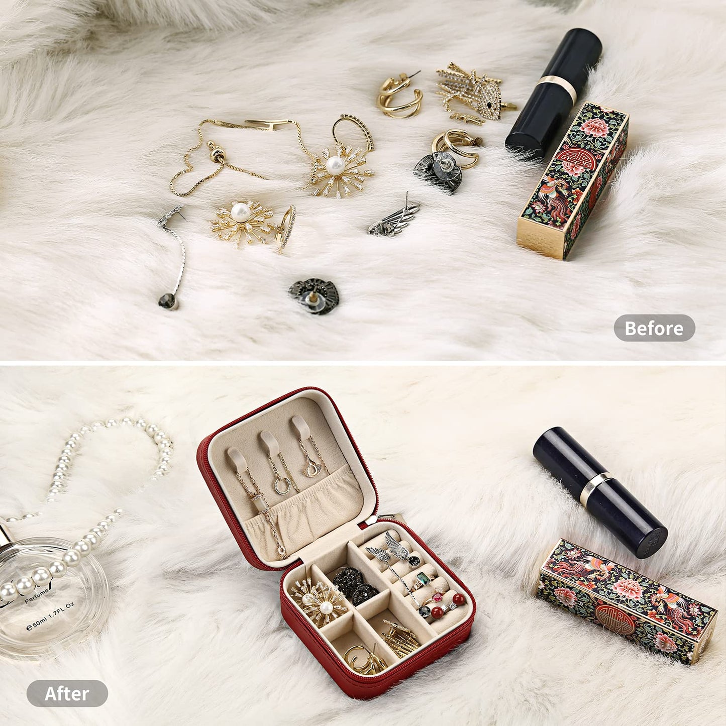 TRODANCE Mini Jewelry Case, Small Travel Jewelry Organizer, Portable Jewelry Box Mini Storage Organizer Display Box For Rings Earrings Necklaces (Red-4pcs)