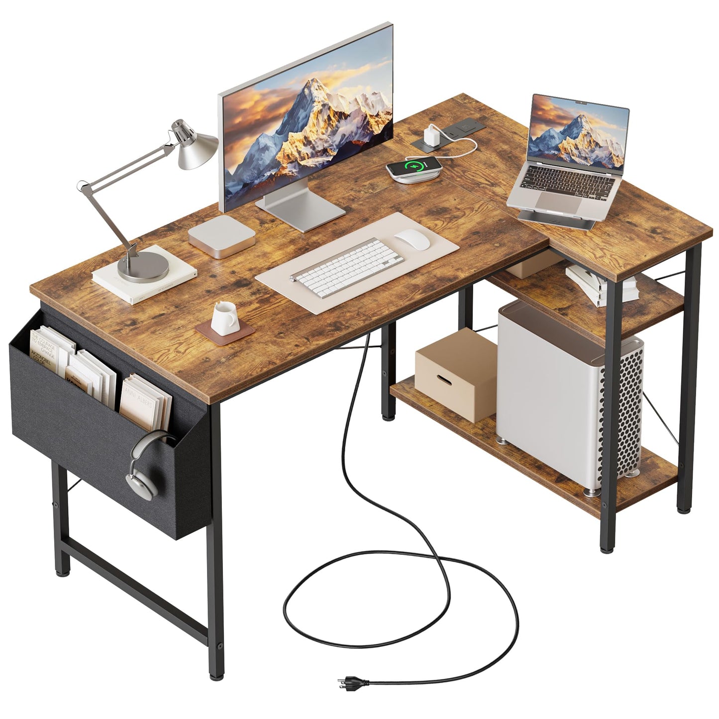 Mericonia Small L Shaped Computer Desk with Power Outlets, Reversible Gaming Desk with Storage Shelves, Corner Gamer Desk Table, Study Writing Table