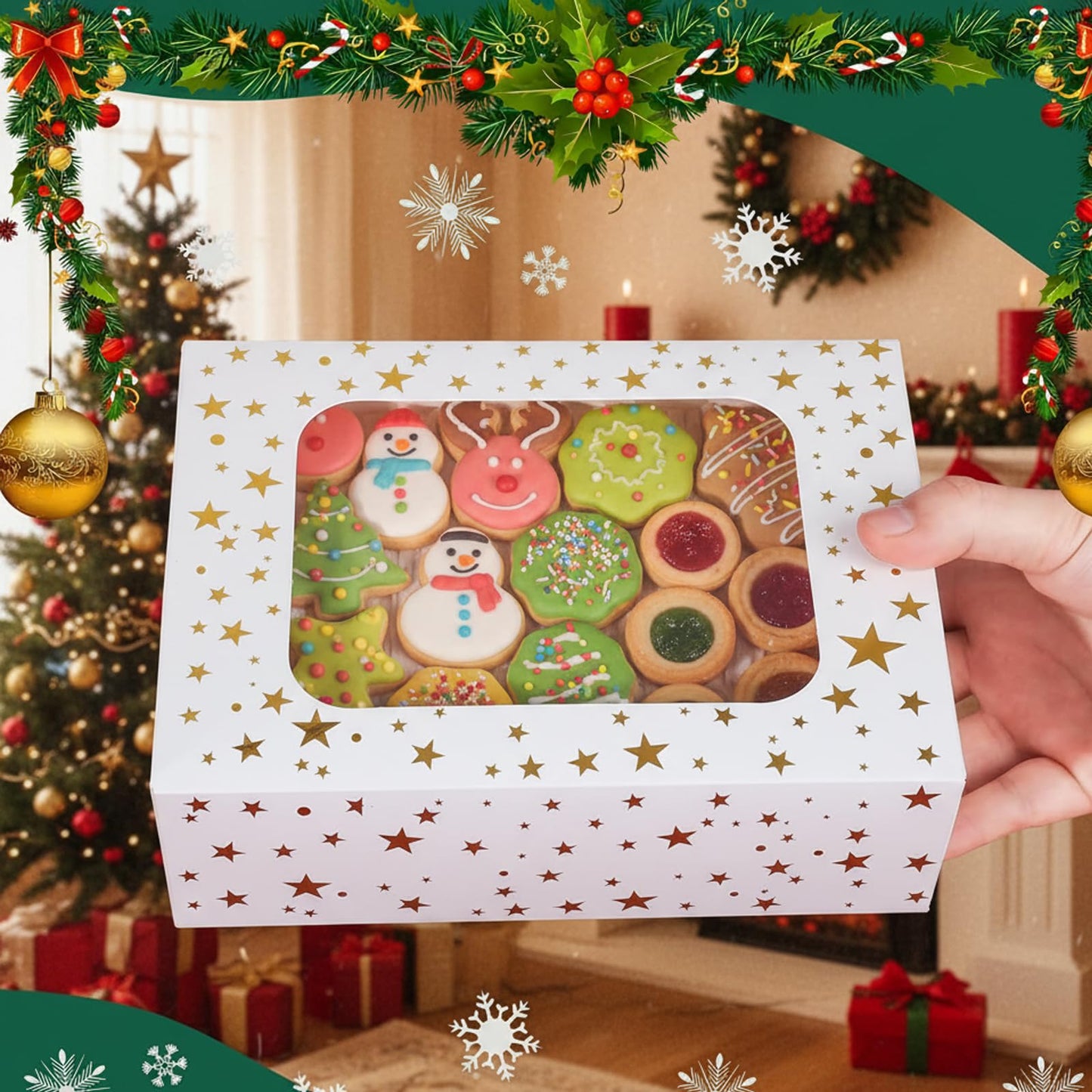 YEKTFS 12pcs Cookie Boxes with Window, 8.25x6x2.75in White Treat Boxes with Window Gold Foil Star Bakery Cake Boxes for Christmas Gift Giving Pastry Dessert Cupcakes Candy Donut Packaging