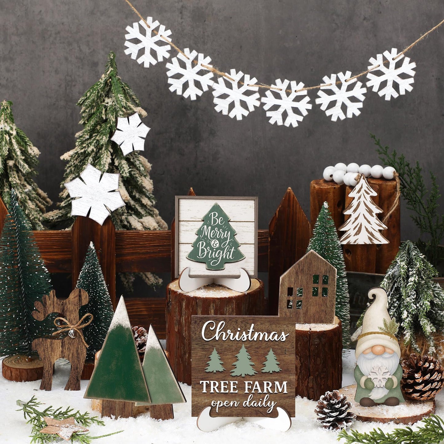 Yalikop 20 Pcs Neutral Sage Green Christmas Tiered Tray Decor Set Farmhouse Rustic Snowflake Xmas Tree Wood Table Centerpiece Decoration Tabletop Sign for Winter Home Kitchen Festival