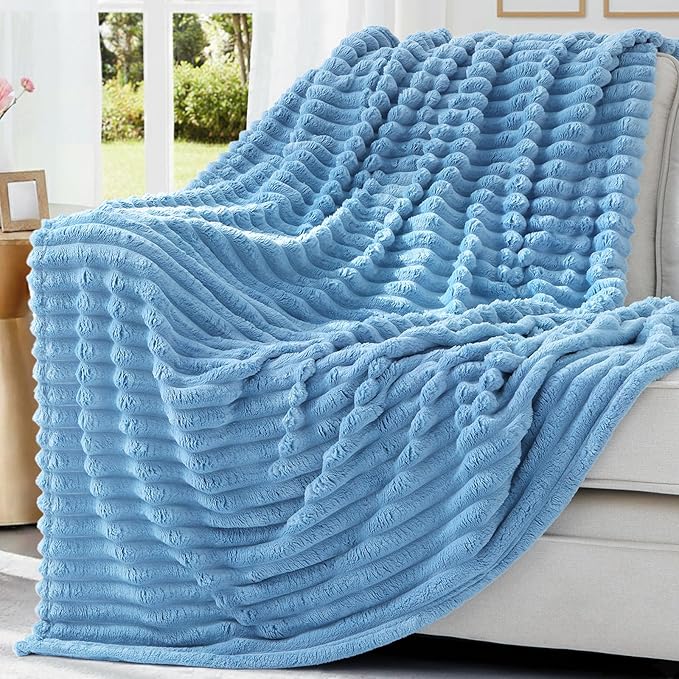 decorUhome Soft Fleece Blue Blanket Queen Size for Bed, Cozy Fluffy Plush Flannel Large Striped Throws for Couch Sofa, Lightweight Decorative Fuzzy Blanket for Woman, 90x90 Inches