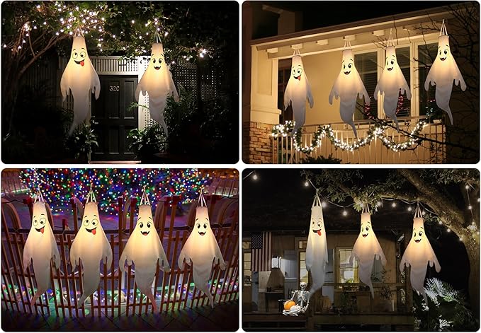 Halloween-Decorations-Outdoor Hanging-Ghost Windsocks for Trees with Timer, LED Ghosts to Hang in Tree Porch Yard, Waterproof, Timer, 4 Pcs (No Batteries)