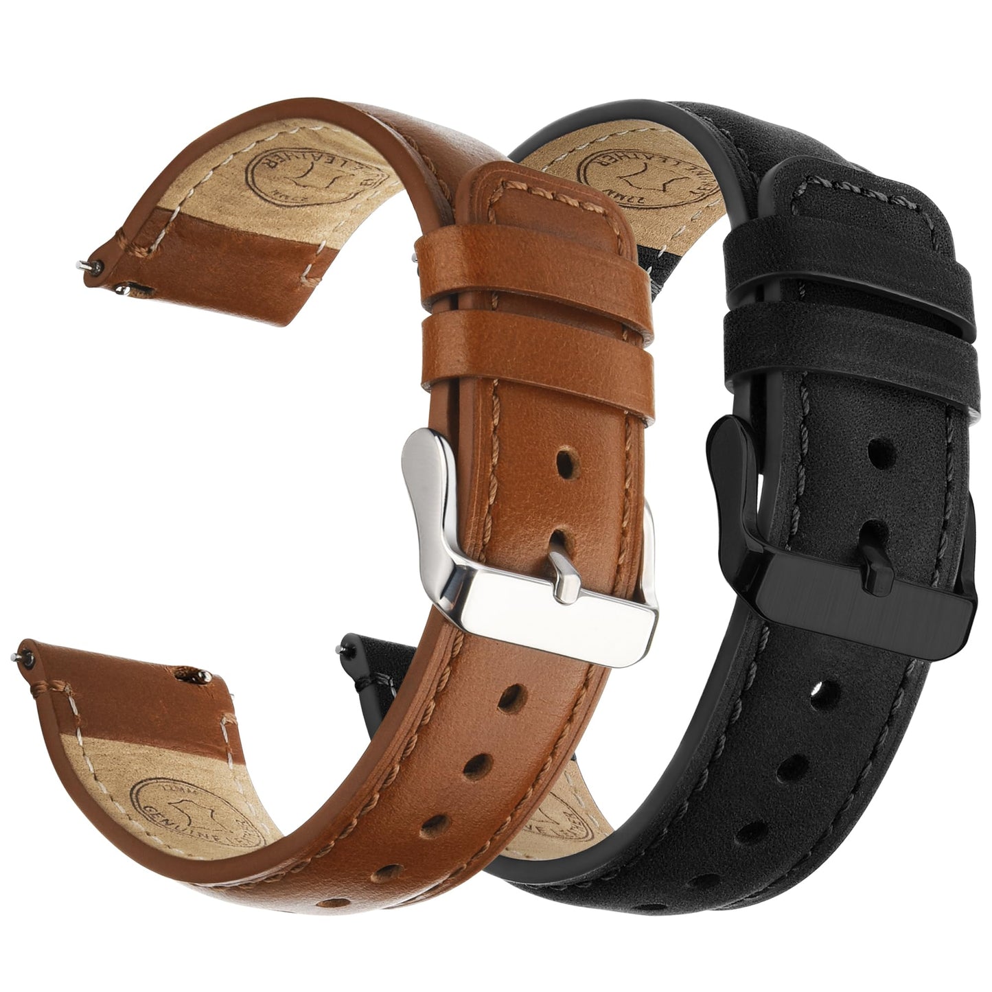 Fullmosa 18mm 20mm 22mm 24mm Leather Watch Bands, 2 Pack Soft Quick Release Watch Strap Compatible with Garmin Vivoactive 5/6/4/3, Venu 4/3S/2S, Samsung Galaxy Fossil Amazfit for Men Women,22mm Toffee Brown&Silver/Black&Black
