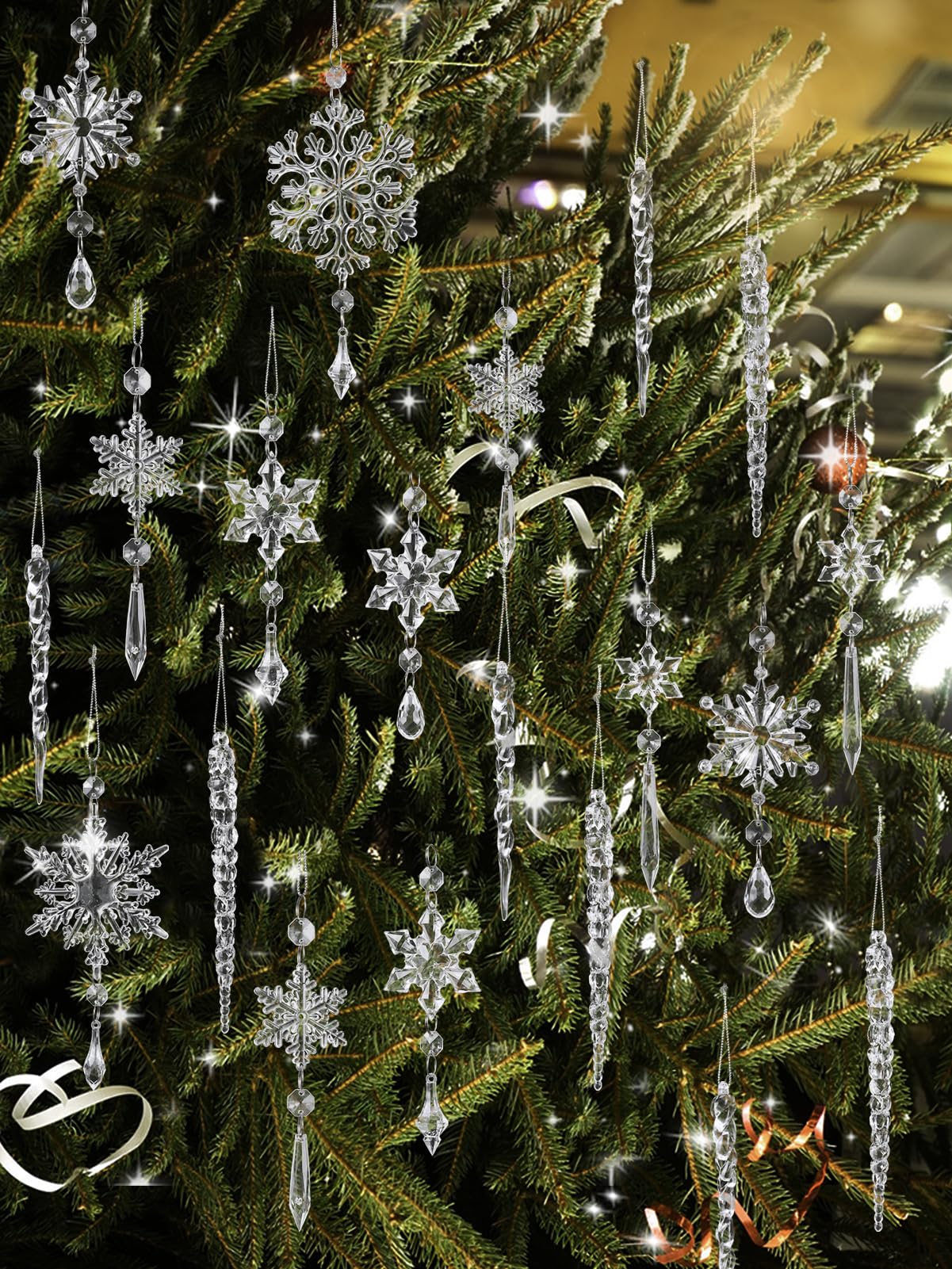 24pcs Snowflake Icicle Ornaments Christmas Tree Decorations - Large Crystal Acrylic Indoor Hanging Decor Set for Xmas Winter Themed Wonderland Party