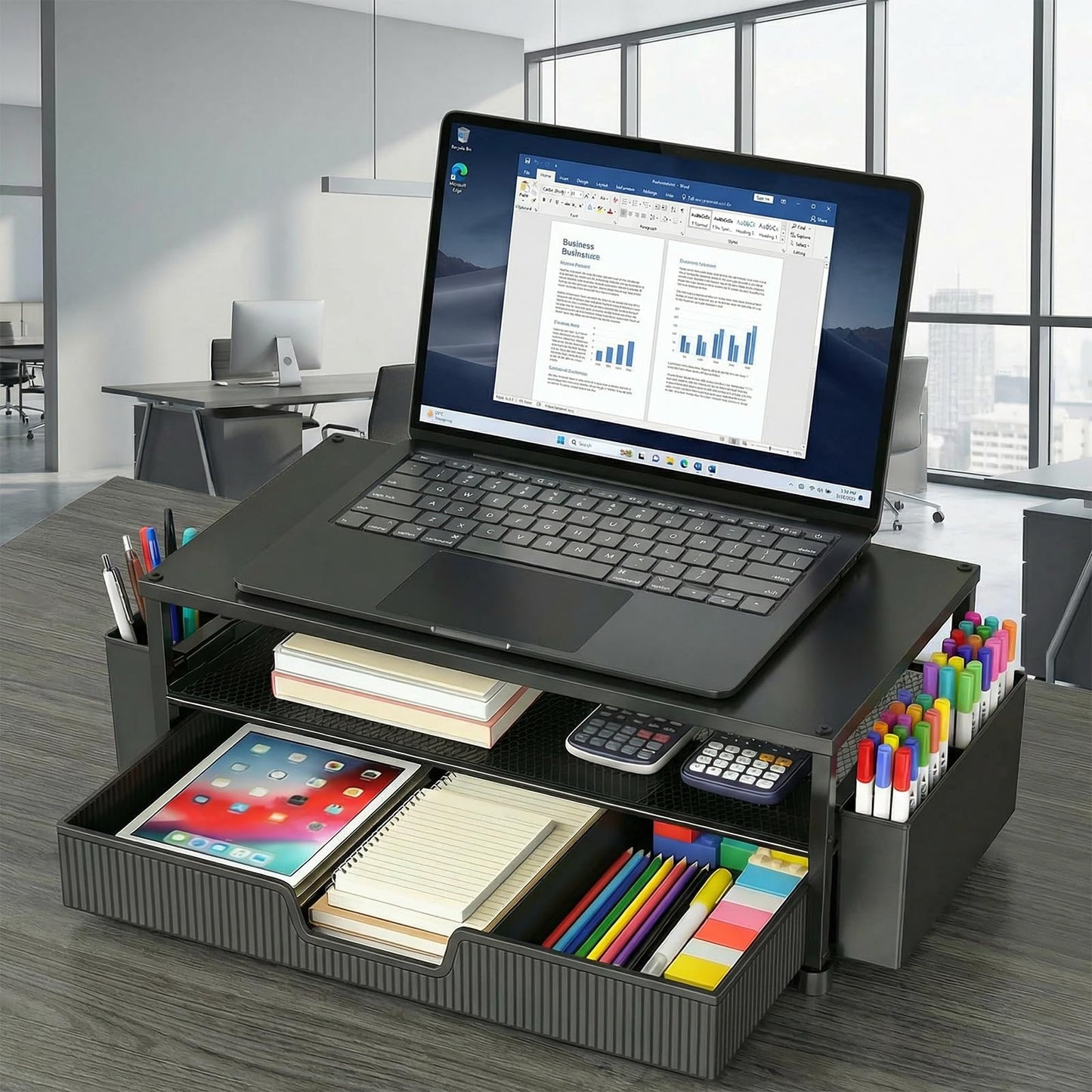 ECOLOVI Desk Organizer and Accessories, 2-Tier Computer Monitor Stand Rise with Storage Drawer & 2 Pen Holders, Laptop & Printer Stand for Desktop, Workspace Organizers for Office Supplies (Black)