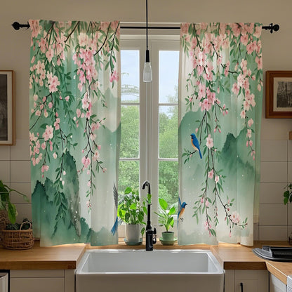 Opeoddie Green Mountain Pink Cherry Blossom Kitchen Curtains 36 Inch 2 Panels Flower Birds Chinese Asian Print Floral Bathroom Window Curtain Cafe Small Short Drapes Window Treatments Tiers