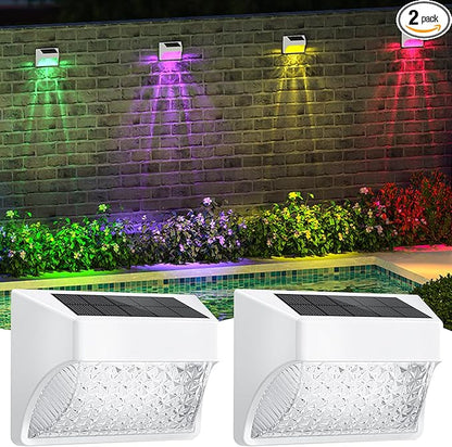 Solar Powered Fence Deck Lights Outdoor Waterproof Led IP65 RGB Color Changing/Warm White Auto On/Off Solar Step Lights for Outside Stair Garden Yard Wall Patio (2 Pack, White)