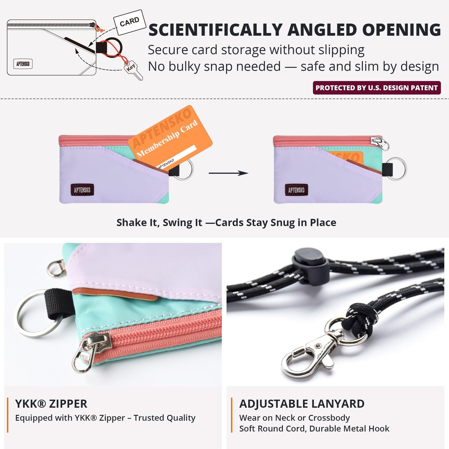 APTENSKO RFID Blocking Travel Wallet with Adjustable Lanyard, Small Nylon Zipper Pouch and Badge Holder for ID, Credit Cards, Cash, Keys, Commuters (SoftLilac+MintAqua)