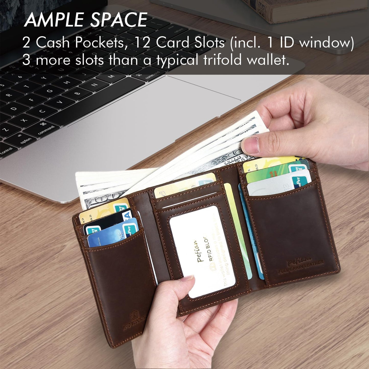 Pefiam Trifold Leather Wallet for Men RFID Blocking – Mens Trifold Wallet Leather with 12 Card Slots, Gift for Men, American Flag Wallet Dark Brown
