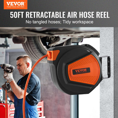 VEVOR Retractable Hose Reel, 65 ft x 5/8 inch, 180° Swivel Bracket Wall-Mounted & Retractable Air Hose Reel, 3/8 IN x 50 FT Hybrid Air Hose Max 300PSI