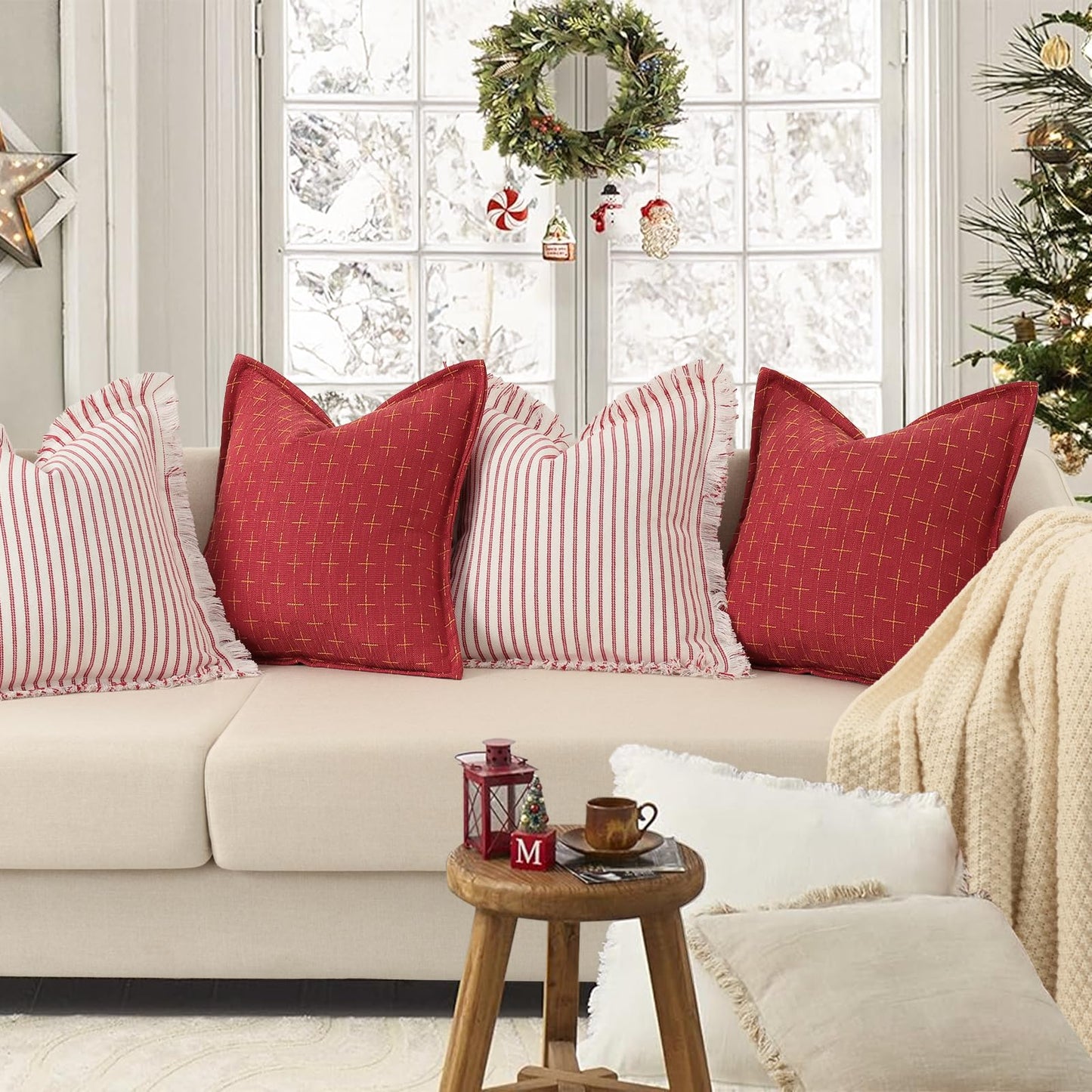 ZWJD Christmas Pillow Covers 24x24 Set of 2 Soft Polyester Textured Red Pillows with Stylish Flange Edge Cozy Farmhouse Christmas Decor for Couch Bed Sofa Living Room (Red)