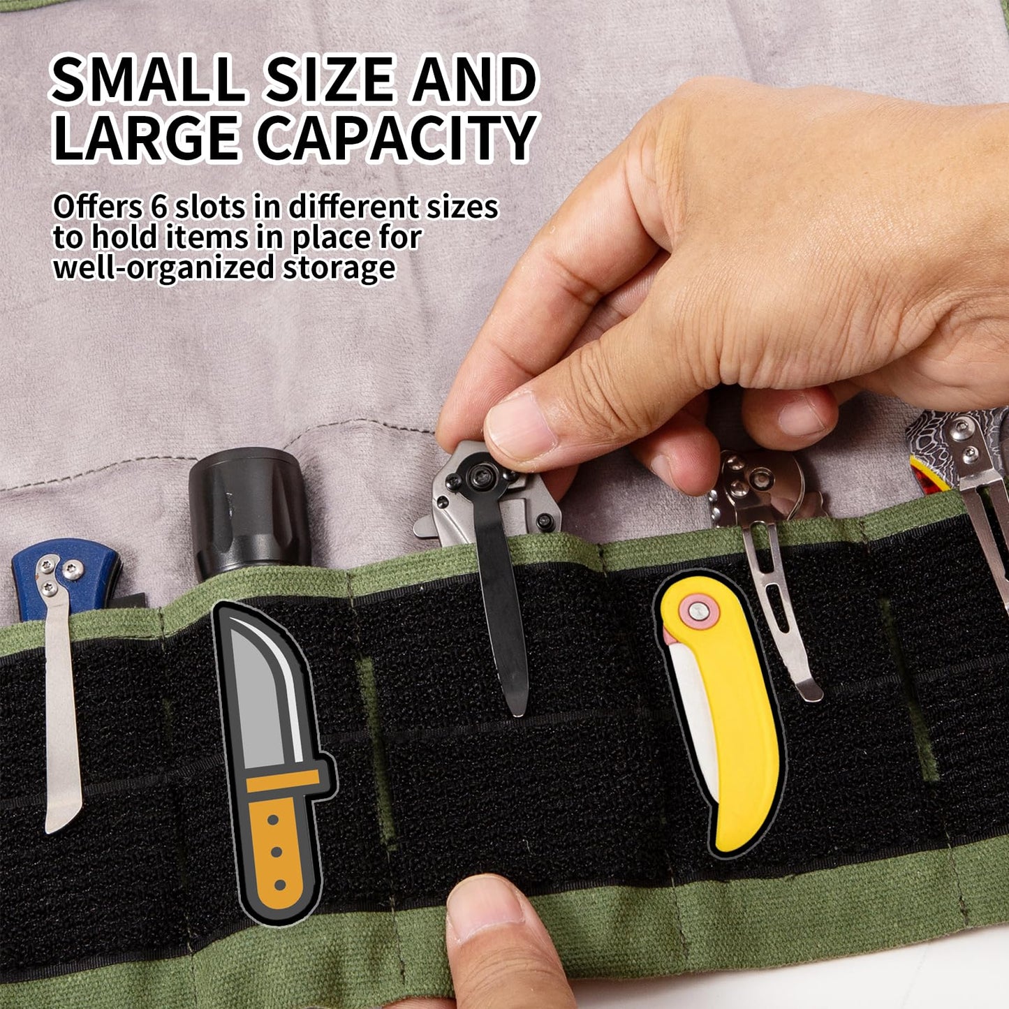 Baizoy Pocket Knife Display Bag,6 Slots with Pocket Knives, Folding Small Knife Storage Pouch, Knife Roll Bag Organizer, Knives Roll Collection Protector Bag, Tactical Outdoor for EDC Mini Knife Bags