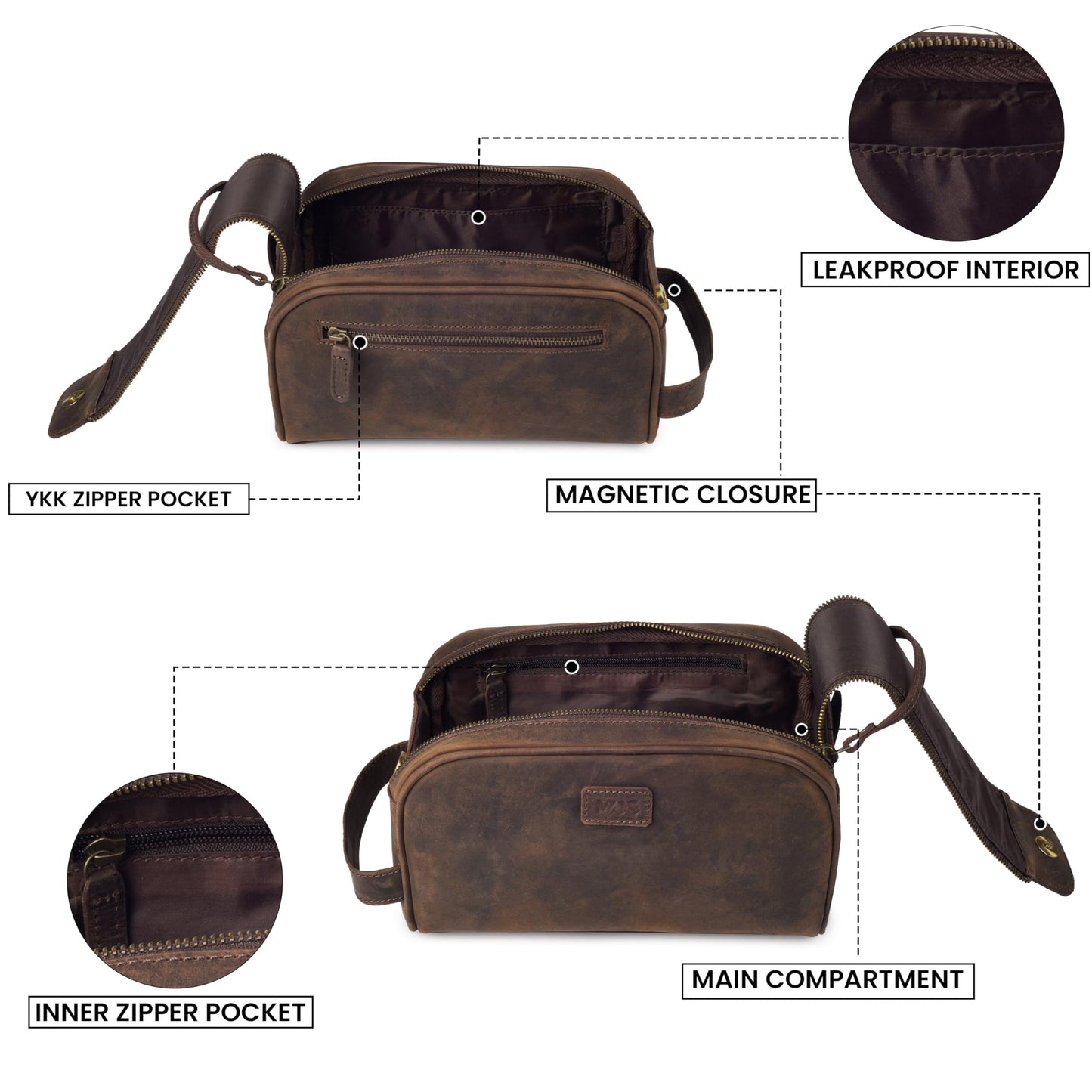 mds Genuine Leather Toiletry Bag for Men - Rustic Classic Vintage Handcrafted Full-Grain Leather Travel Dopp Kit with Waterproof Lining & Handle, Shaving & Grooming Kit Organizer Pouch - Rustic Brown