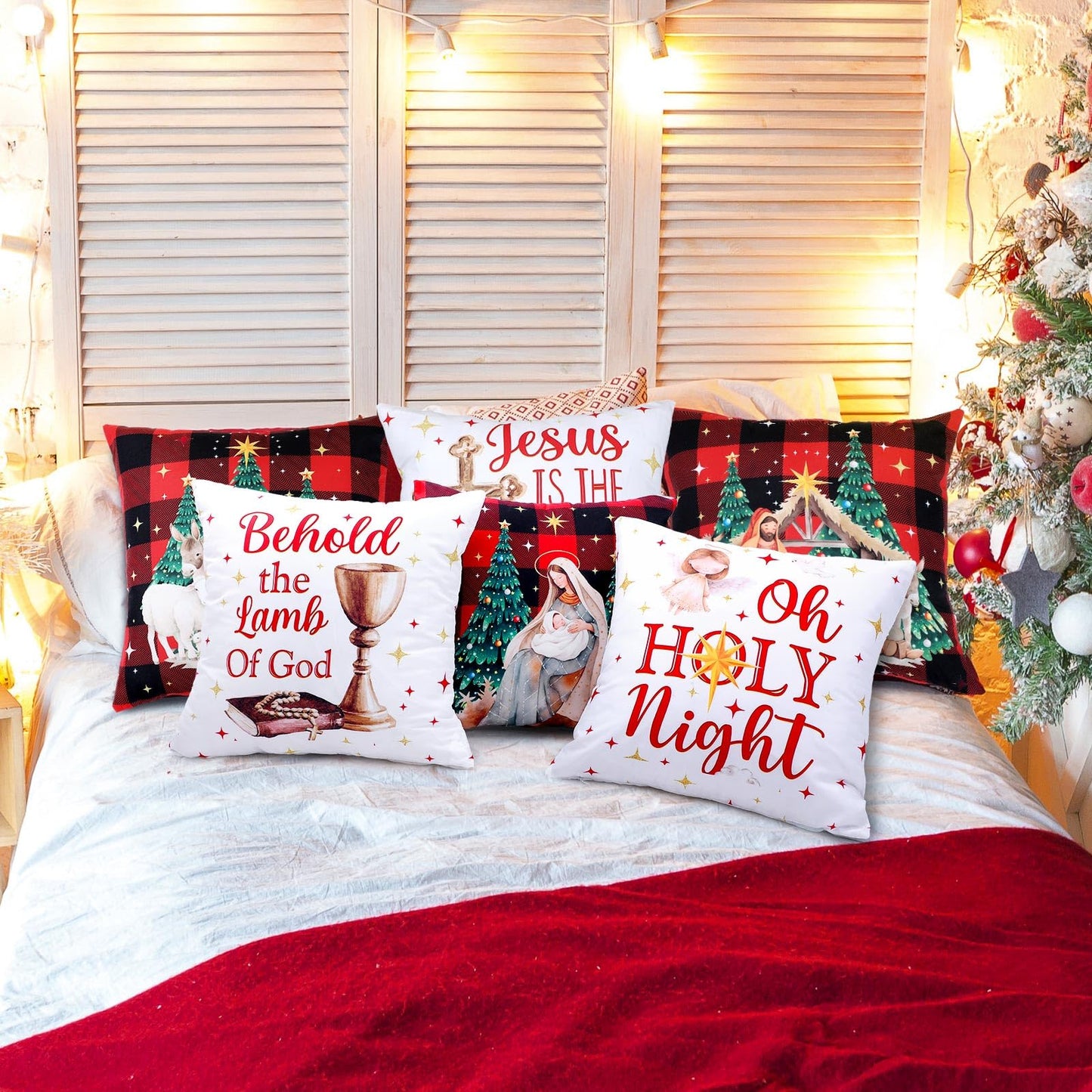 FuWeave 6 Pcs Christmas Pillow Covers 18 x 18 Inch Decorative Lime Green Red Xmas Pillow Cushion Case Pillowcase Square Christmas Pillow Covers for Home Sofa Couch Decorations (Nativity Scene)