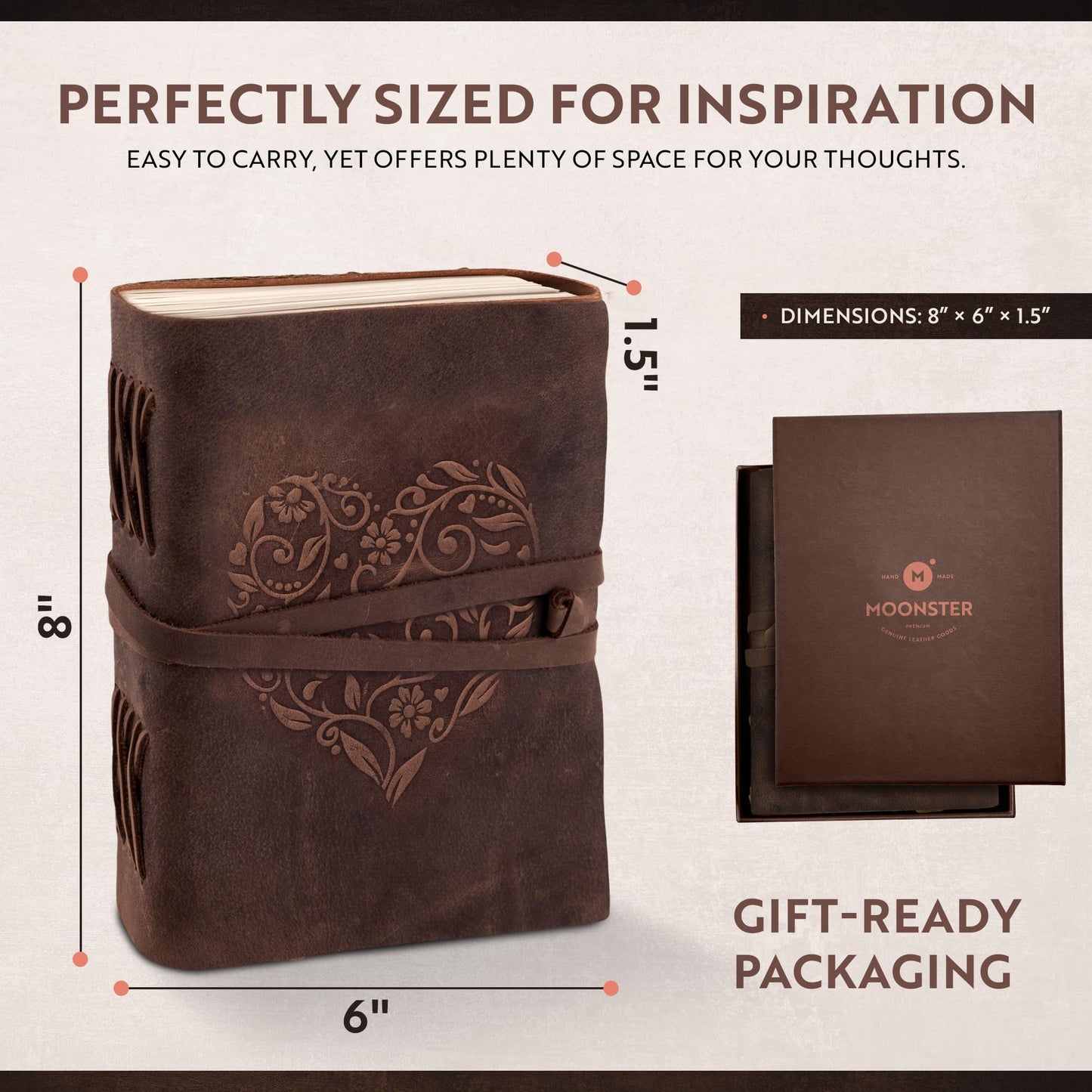 moonster Leather Journal with Embossed Heart Shape - Non Refillable 8x6″ Lined Notebook - 400 Pages College Ruled Kraft Paper - Inspirational Small Notebook - Leather Journals for Women