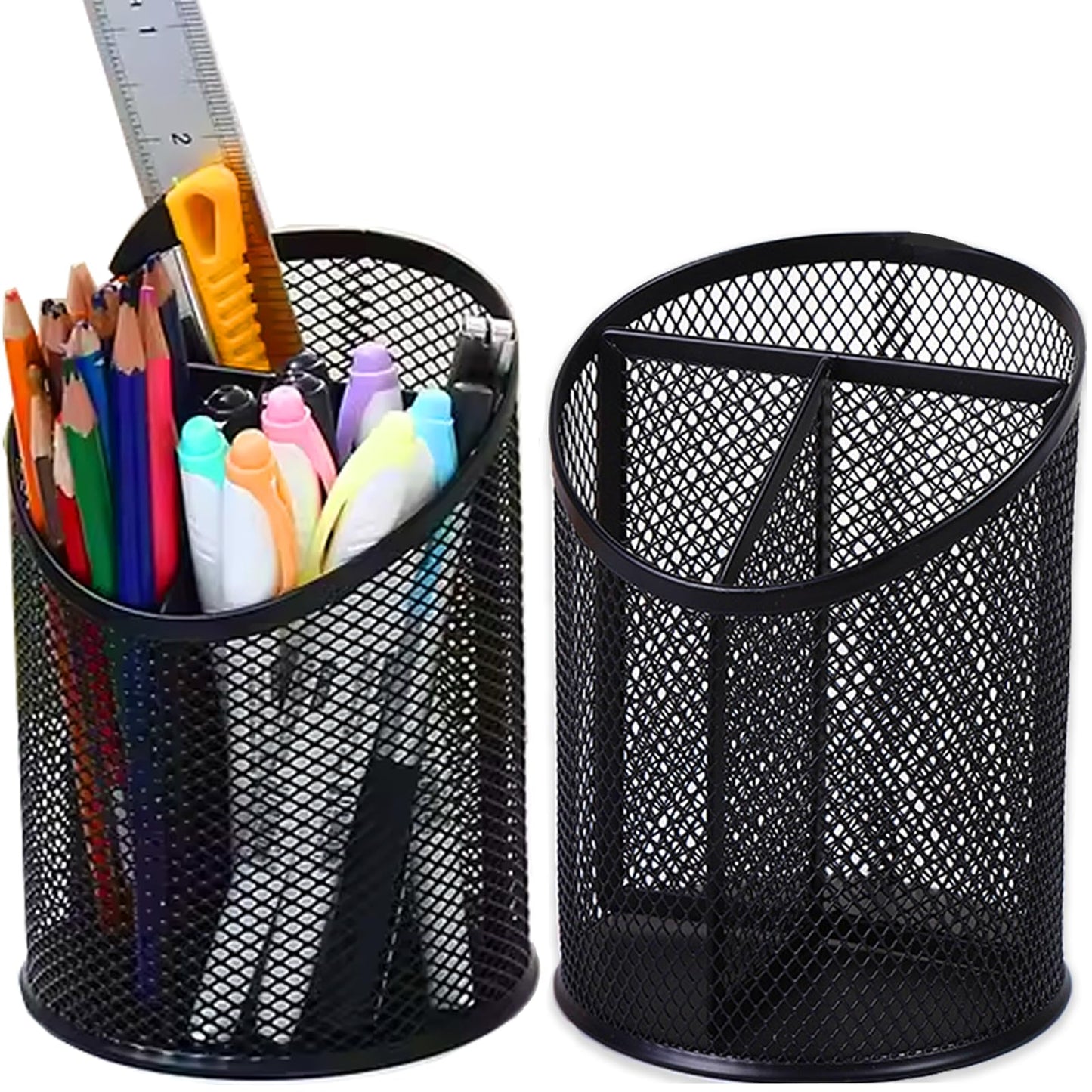 MINDEPOT 2 Pack Mesh Pencil Holder Pen Cup for Desk Round Black Pen Holder Desktop Pen Organizer 3 Compartments Pencil Organizer Desk Organizer for Office Home School