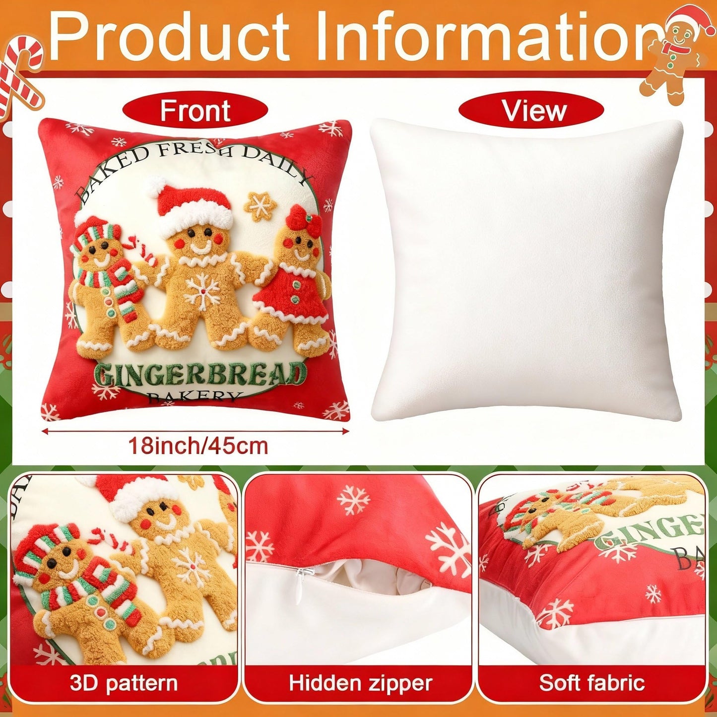 Hahafelt 2 Pcs Christmas Gingerbread Throw Pillow Covers 18x18 Inch 3D Embroidered Christmas Gingerbread Man Decorative Square Pillowcases Cushion Covers Soft Plush Faux Fur Wool Decor for Winter