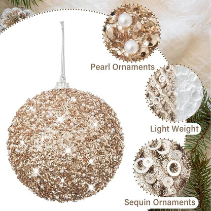 6pcs 3.94" Christmas Ball Ornaments Glitter Shatterproof Christmas Tree Ornaments Sequin Xmas Hanging Balls Decorations for Wedding Party Holiday(Champagne Gold, 6pc-10cm)
