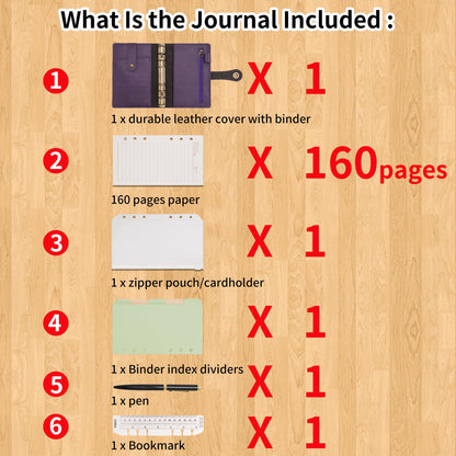 Wonderpool A6 Binder Journal Leather Spiral Notebook Refillable College Ruled Paper, Budget Binder Rings Diary Organizer with Pen for Office School Travel Business Planning Writing (Purple,A6)