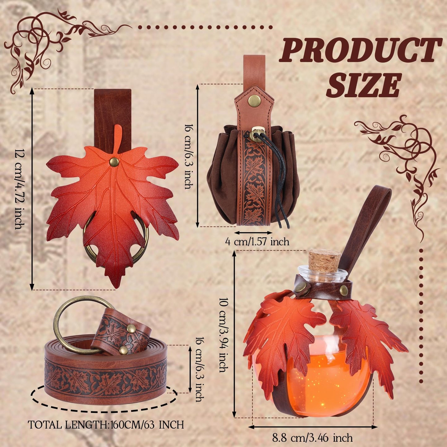 Luazuri Renaissance Belt Waist Bag Embossed Belt Magic Potion Bottle Skirt Hikes Medieval Halloween Cosplay Costume Sets. (Brown A-5pcs)