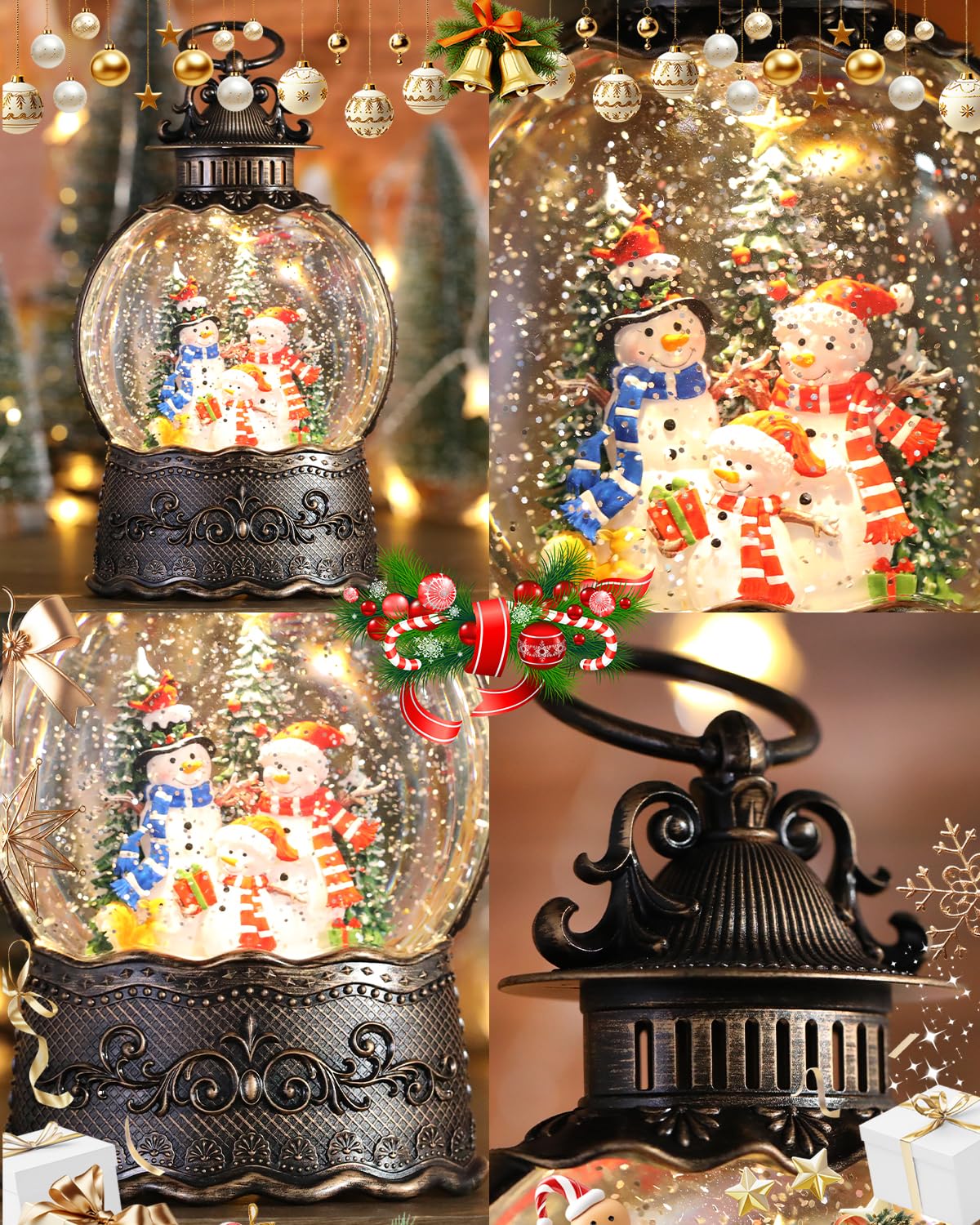 Frosty Snowman Cardinals Snow Globe Lantern for Christmas Decorations, Musical and Luminous,USB or Battery Operated
