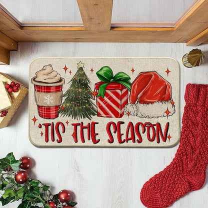 Christmas Hat Front Door Mat Indoor Outdoor Entrance 17x29, Tis The Season Xmas Winter Washable Non-Slip Rubber Red Doormat Inside Outside Entrance, Welcome Floor Mat for Home Holiday Decor AH32