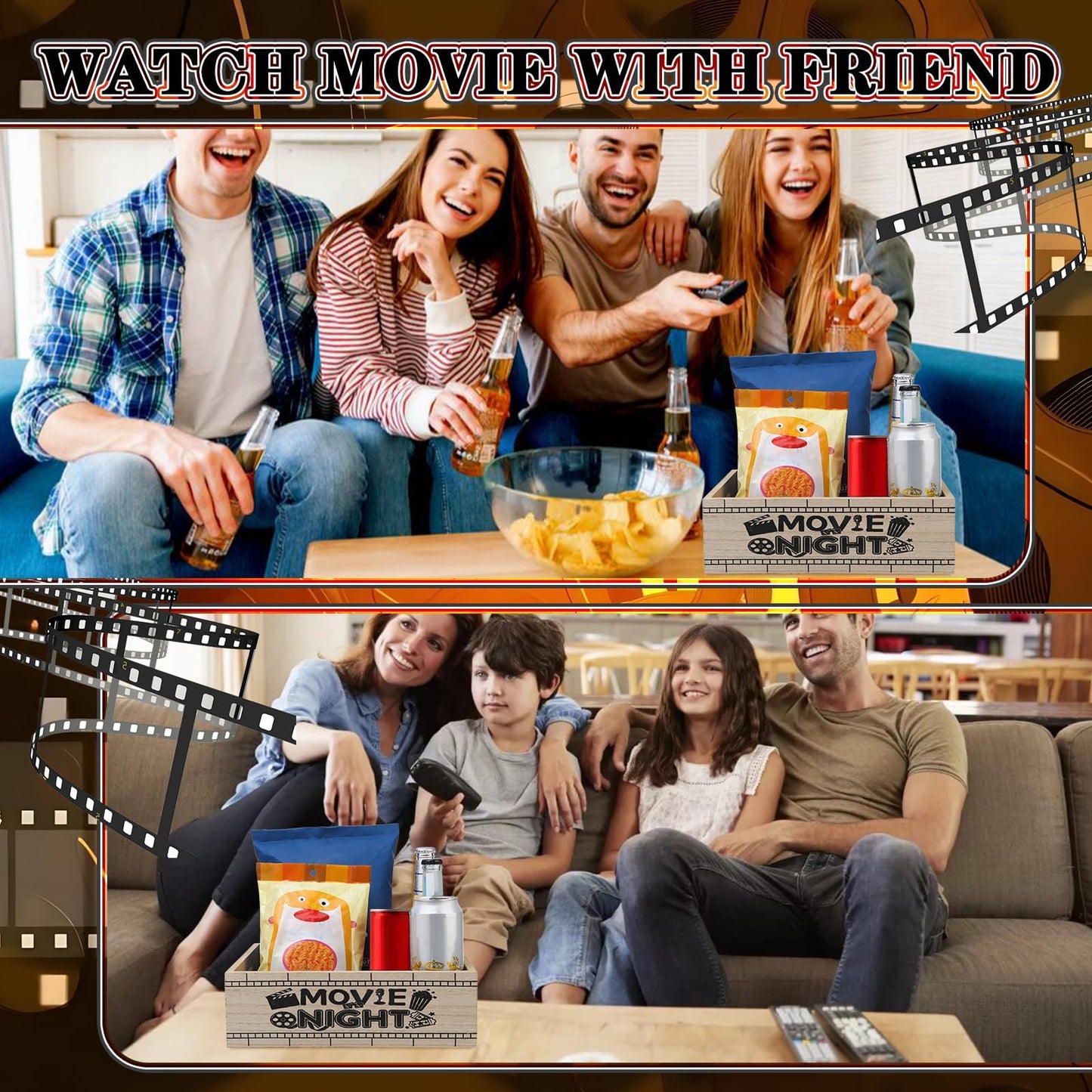 ZQUDBF Wooden Movie Night Snack Tray with Handles – Reusable Popcorn Bucket Organizer for Theater Room Decor – Sturdy Gift Basket for Family Movie Nights & Holiday Parties (Movie Night)