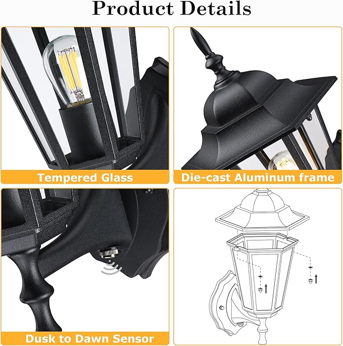 GRUENLICH Dusk to Dawn Outdoor Wall Sconce, Exterior Front Porch Lighting with Clear Glass, Black Aluminum Outside Coach Light for Patio Doorway Garage, 1 Pack