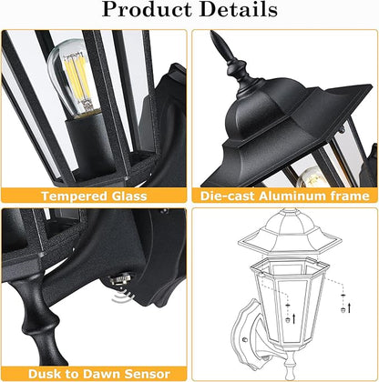 GRUENLICH Dusk to Dawn Outdoor Wall Sconce, Exterior Front Porch Lighting with Clear Glass, Black Aluminum Outside Coach Light for Patio Doorway Garage, 2 Pack