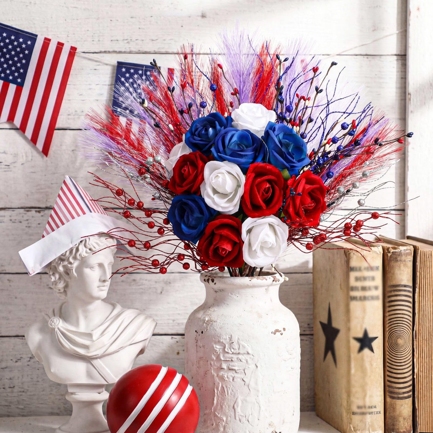 Juinte 30pcs Patriotic Artificial Flower, Red White Blue Faux Roses with Star Berry Picks and Pampas Grass for 4th of July Centerpieces and Independence Day Decor