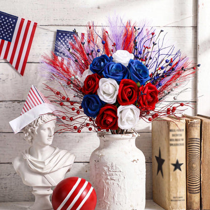 Juinte 30pcs Patriotic Artificial Flower, Red White Blue Faux Roses with Star Berry Picks and Pampas Grass for 4th of July Centerpieces and Independence Day Decor