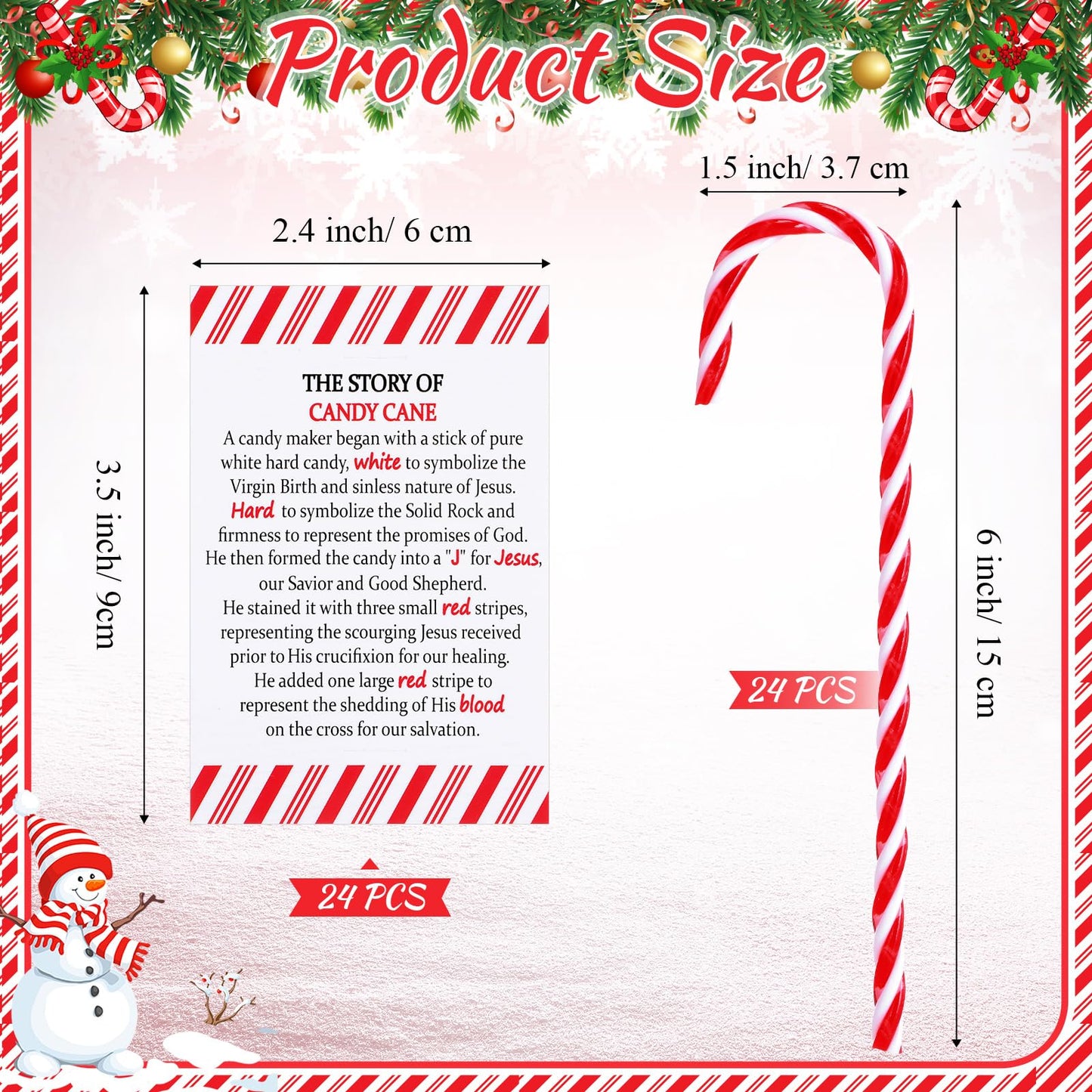 Cinnvoice 24 Sets Christmas Candy Cane Ornament and Candy Cane Meaning Story Cards Plastic Christmas Tree Hanging Ornaments Twisted Red and White Tree Decoration for Xmas Party Supplies