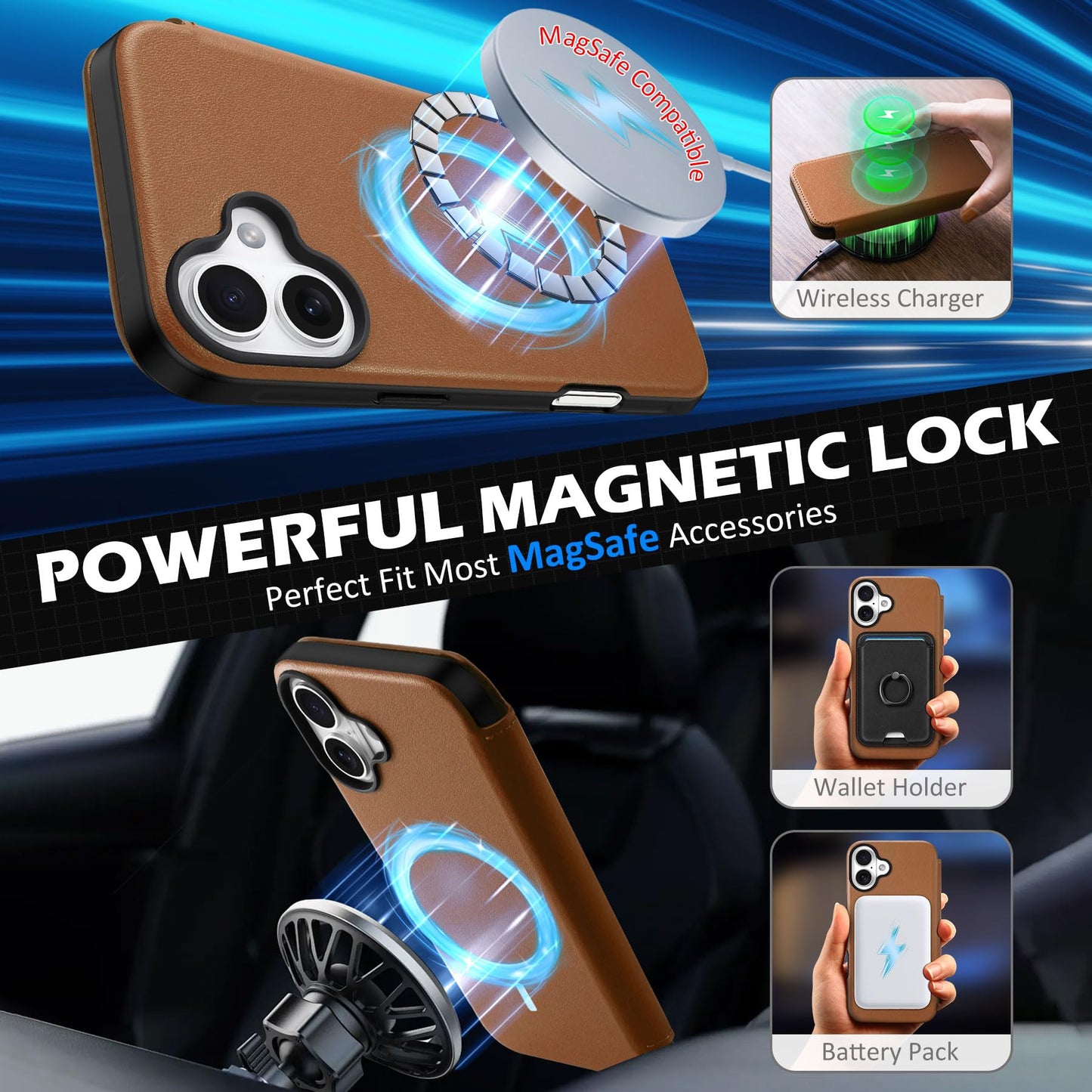 SHIELDON Wallet Case for iPhone 16 Plus 5G 6.7", Genuine Leather Slim RFID Blocking Card Case Folio Magnetic Shock-Absorbent Wireless Charging Compatible with iPhone 16 Plus - Saddle Brown