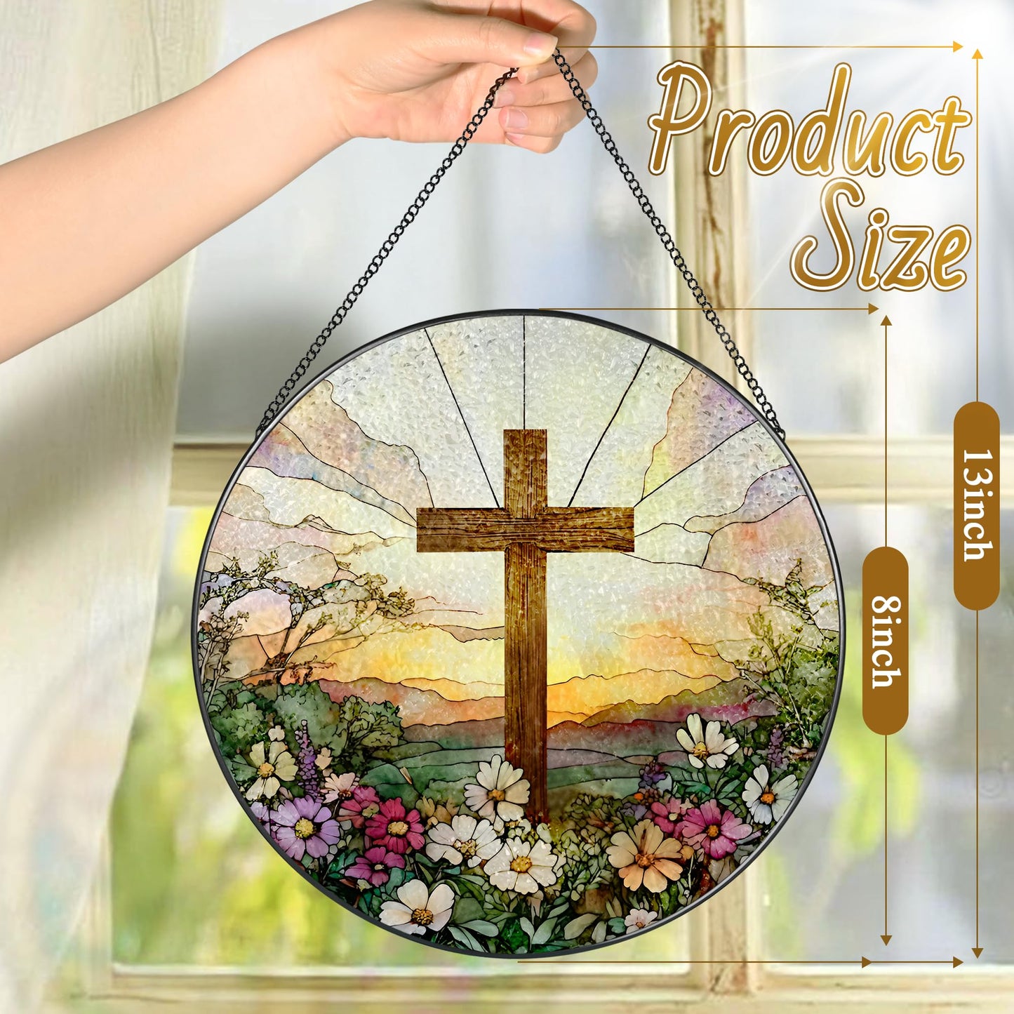 8 Inch Stained Glass Cross and Wildflowers Suncatcher Christian Stained Glass Windows Hanging Flower Cross Gift for Religious Easter Faith Christian Gifts Religious Home Decor