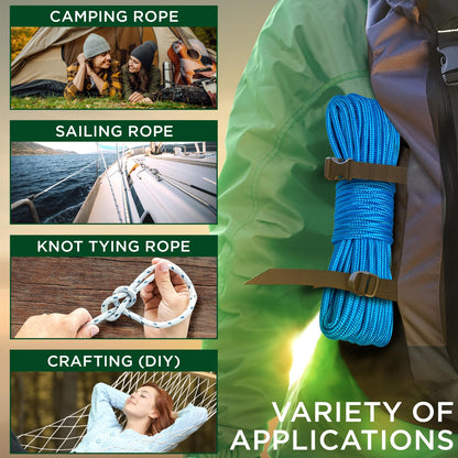 TECEUM Rope – 90 Feet x 1/4 Inch (7mm) – Sky Blue – Strong All-Purpose Utility Rope – Camping, Crafting, Flag Pole, Indoor & Outdoor – Polypropylene Nylon Poly Lightweight Diamond Braided Cord