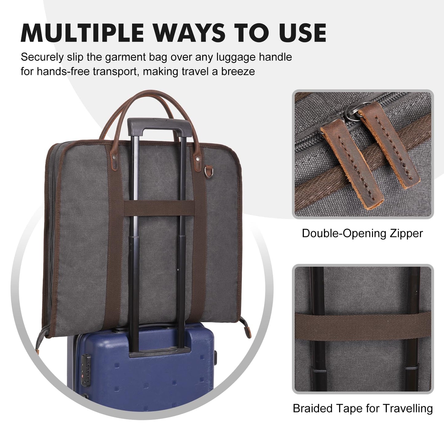 S-ZONE Carry On Garment Bag for Business Travel Canvas Leather Men Women Suit Cover