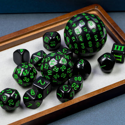 Poludie 15 Pieces Complete Polyhedral DND Dice Set D3-D100 Spherical D&D Dice Set with Dragon Eye Dice Bag, D100 Dice for Dungeons and Dragons, RPG Table Games(Black w/Green Numbers)