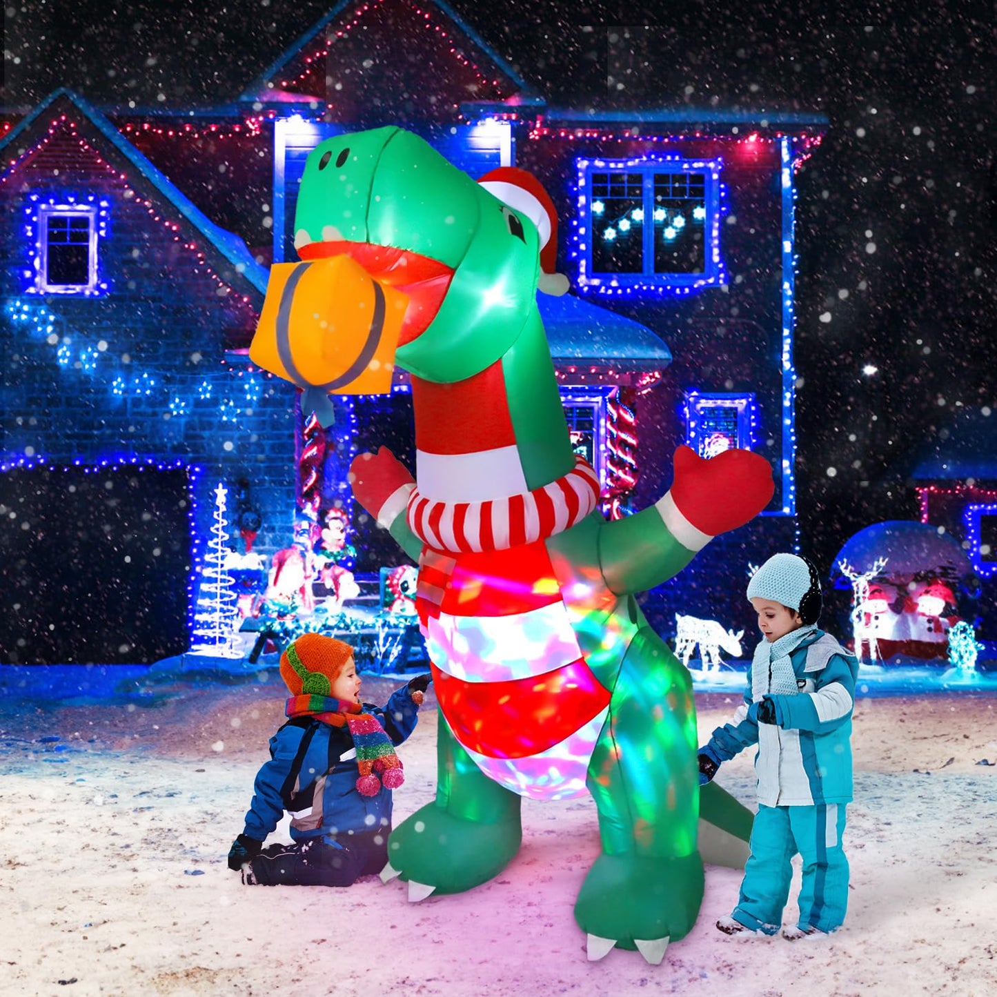 8FT Christmas Inflatables Outdoor Decorations, Blow Up Yard Dinosaur Decoration with Christmas Hat & Gift Box, Built-in LED Lights for Holiday Garden Patio Lawn Party, for Him, Her